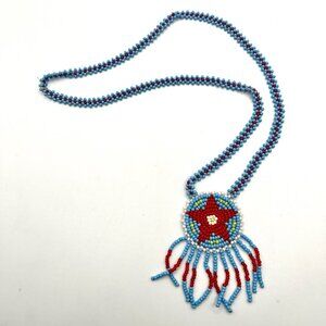 Vintage Native American Style Seed Bead Blue Red Medallion Necklace Fringe Star